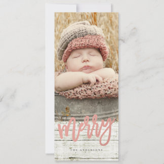 Merry Script Ro Gold Foil Rustic Wood Photo Julkort
