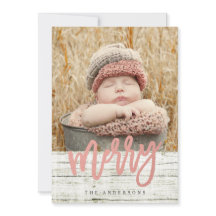 Merry Script Ro Gold Foil Rustic Wood Photo