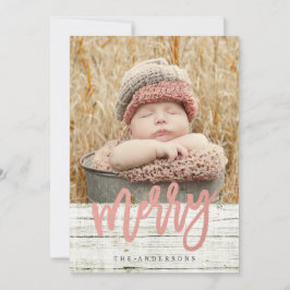 Merry Script Ro Gold Foil Rustic Wood Photo Julkort
