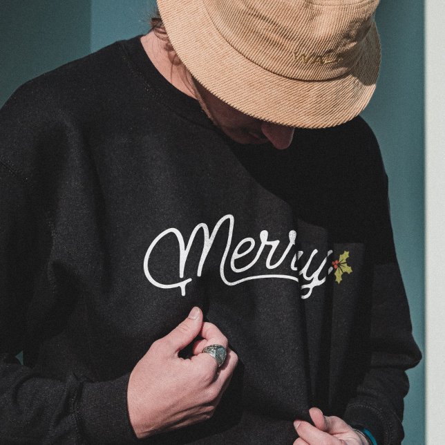 Merry Script Typography Minimalist jul Lång Ärmad Tröja (Merry Script Typography Minimalist Christmas Sweatshirt - Black)