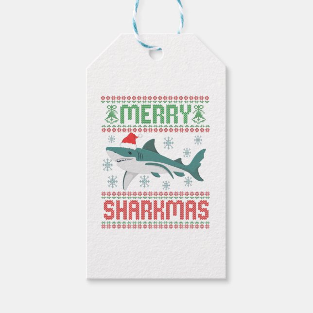 Merry Sharkmas Funny julhaj Ugly Sweater Presentetikett (Framsidan)