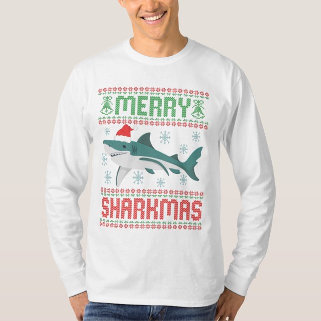 Merry Sharkmas Funny julhaj Ugly Sweater T Shirt (Framsida)