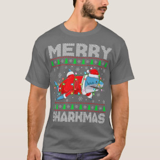 Merry Sharkmas Julafton Ljus Ugly Santa Shark Kris T Shirt