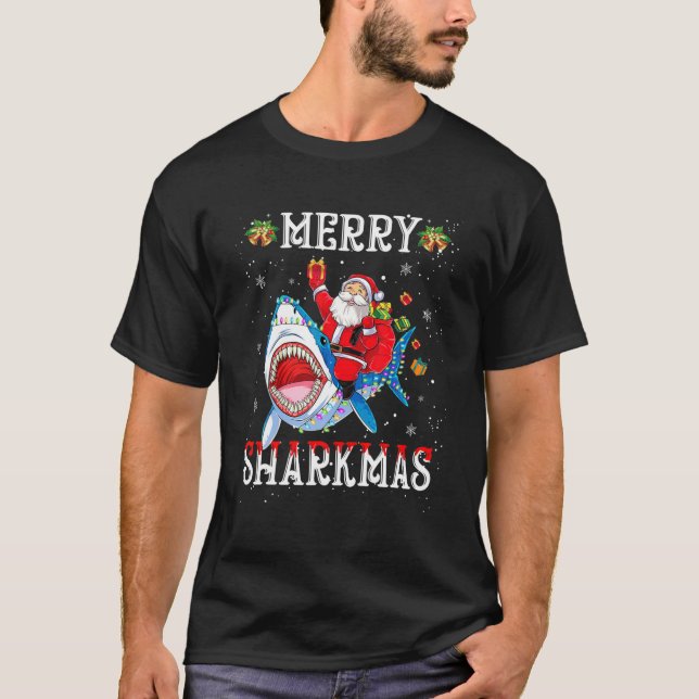 Merry Sharkmas Santa Ride Shark Ugly jul Lig T Shirt (Framsida)
