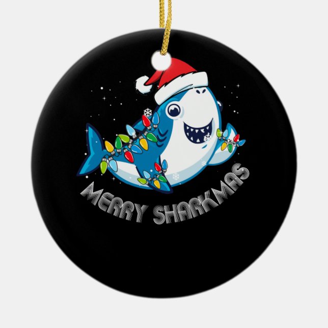 Merry Sharkmas Santa Sharks Älskare Gift Julgransprydnad Keramik (Framsidan)