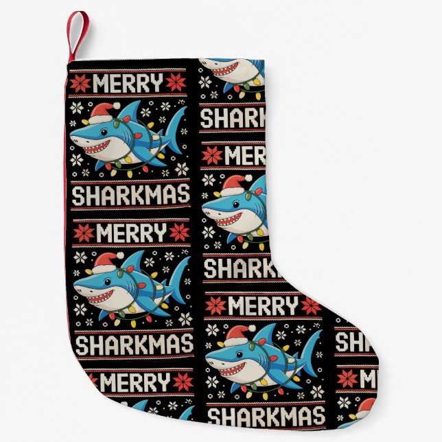 Merry Sharkmas Shark jul Ugly Julafton Ljus Liten Julstrumpa (Framsidan)