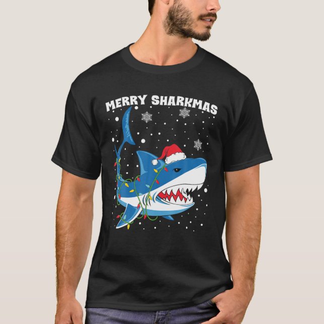 Merry Sharkmas Shark Santa Ljus Boys T Shirt (Framsida)