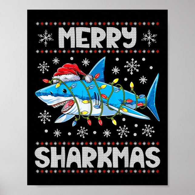 Merry Sharkmas Shark Santa Ugly jul Ljus B Poster (Framsidan)
