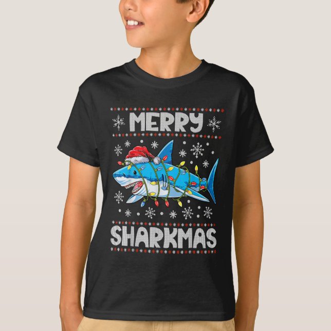 Merry Sharkmas Shark Santa Ugly jul Ljus B T Shirt (Framsida)