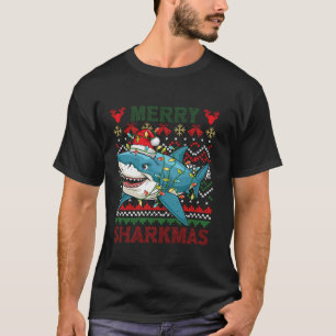 Merry Sharkmas Ugly jul Shark Ljus Santa H T Shirt