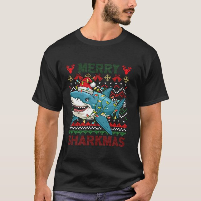 Merry Sharkmas Ugly jul Shark Ljus Santa H T Shirt (Framsida)