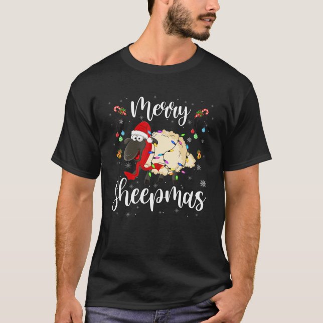 Merry Sheepmas Funny jul Ljus Santa Sheep T Shirt (Framsida)
