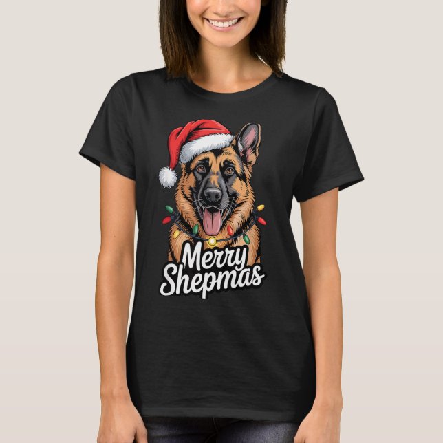 Merry Shepmas German Shepherd Christmas Lights Hum T Shirt (Framsida)