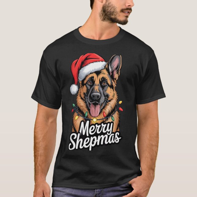 Merry Shepmas German Shepherd Christmas Lights Hum T Shirt (Framsida)