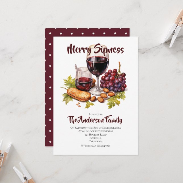 Merry Sipness Cheese & Vin Party Watercolor Inbjudningar (Fram/Back In Situ)
