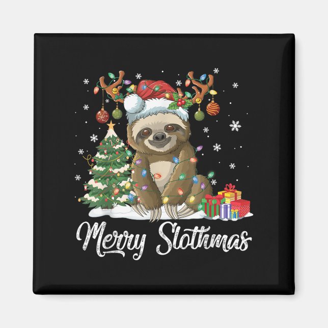 Merry Slothmas Funny Sloth Christmas Tree Lights X Magnet (Framsidan)