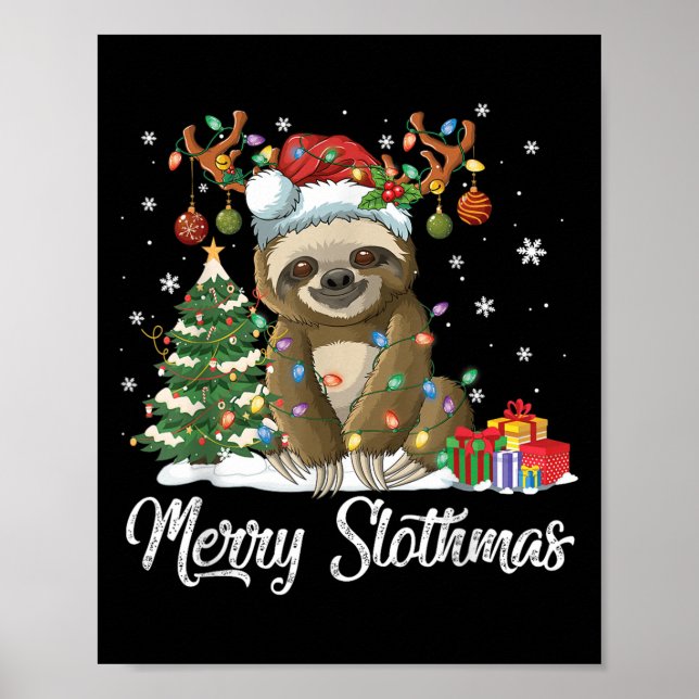 Merry Slothmas Funny Sloth Christmas Tree Lights X Poster (Framsidan)