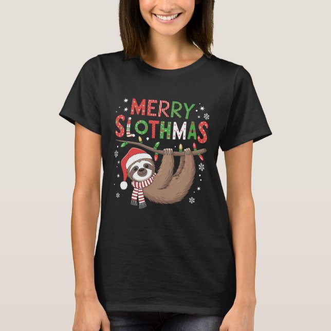 Merry Slothmas Santa Hat Pajamas Sloth Älskare Gir T Shirt (Framsida)