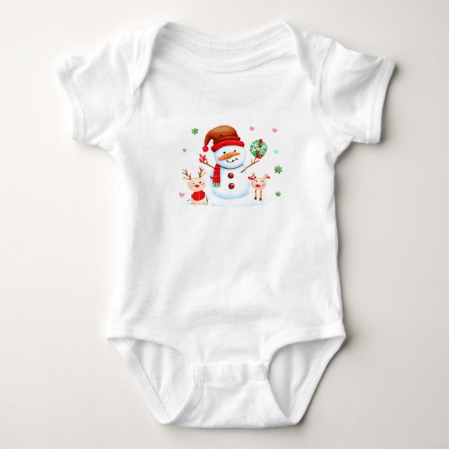 Merry Snögubbe och Bright Baby renar T Shirt (Framsida)