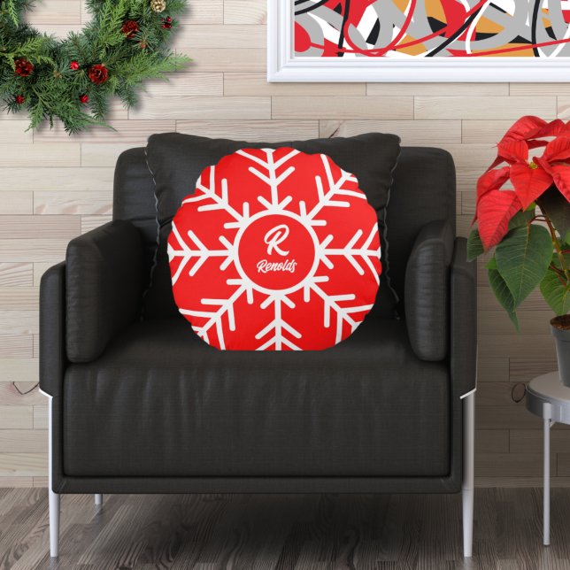 Merry Snowflake Red White Round Pillow Rund Kudde (Skapare uppladdad)