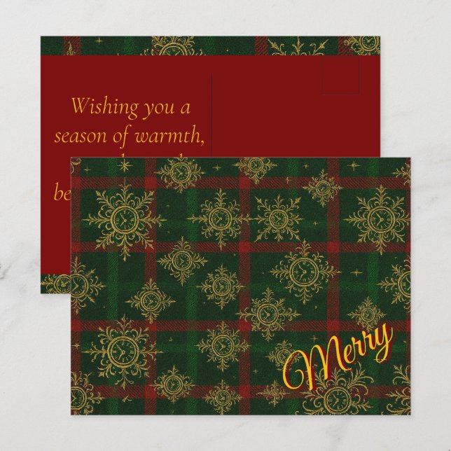 Merry Steampunk Snowflake Red och Grönt Tartan Helg Vykort (Fram/baksida)