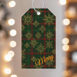 Merry Steampunk Snowflake Red och Grönt Tartan Presentetikett