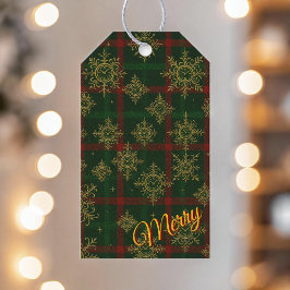 Merry Steampunk Snowflake Red och Grönt Tartan Presentetikett