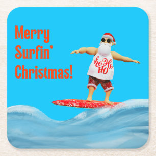 Merry Surfin jultomten på Surfboard Thera P Underlägg Papper Kvadrat