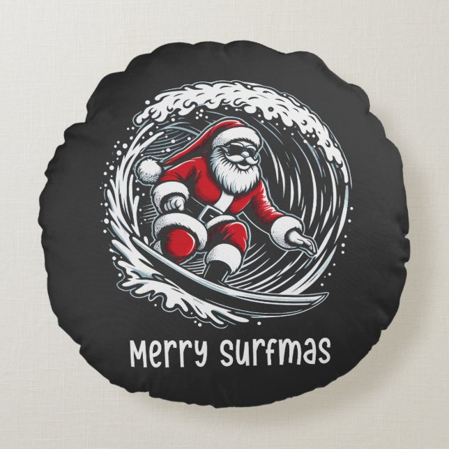 Merry Surfmas Rund Kudde (Framsidan)