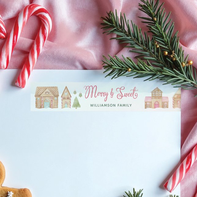 Merry & Sweet Roligt Watercolor Gingertea Town Etikettband (Merry & Sweet Fun Watercolor Gingerbread Town Wrap Around Label)