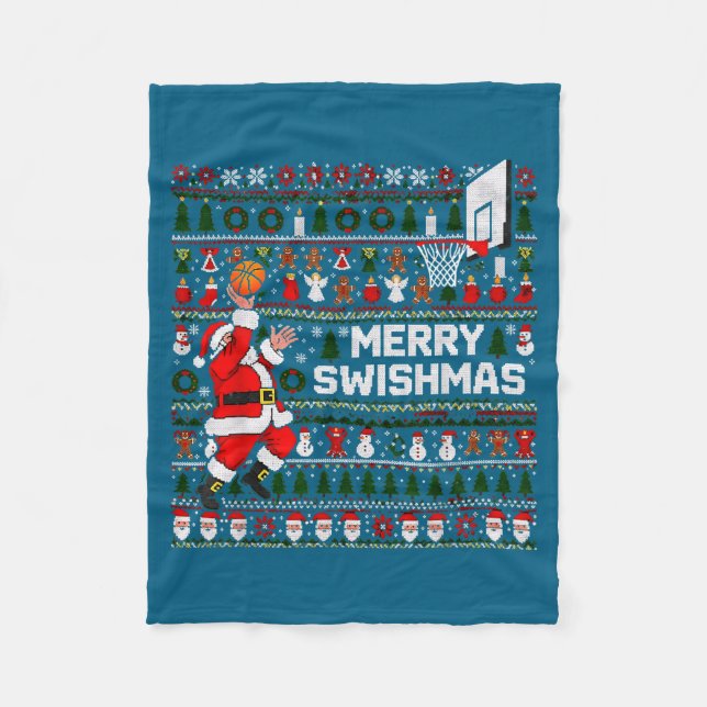 Merry Swishmas Santa Basketball Ugly Sweater Style Fleecefilt (Framsidan)