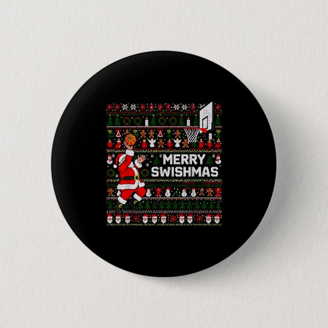 Merry Swishmas Santa Basketball Ugly Sweater Style Knapp (Framsida)