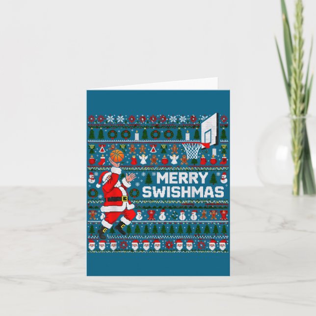 Merry Swishmas Santa Basketball Ugly Sweater Style Kort (Framsida)