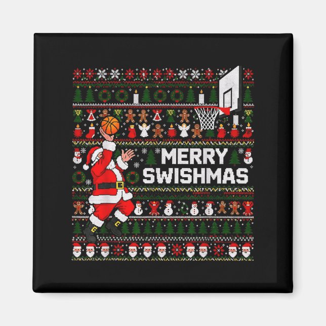 Merry Swishmas Santa Basketball Ugly Sweater Style Magnet (Framsidan)