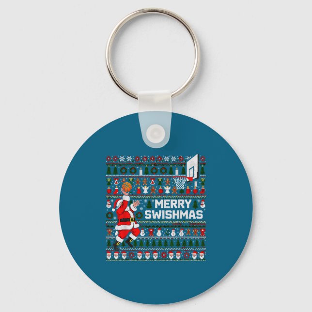 Merry Swishmas Santa Basketball Ugly Sweater Style Nyckelring (Framsida)