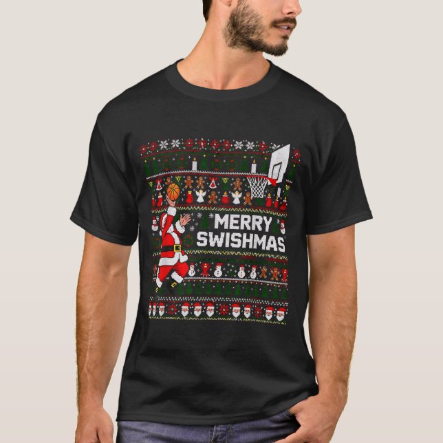 Merry Swishmas Santa Basketball Ugly Sweater Style T Shirt (Framsida)