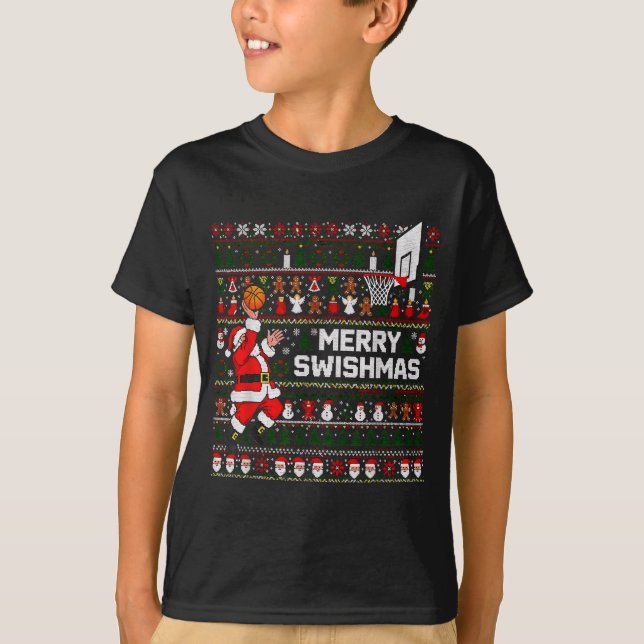 Merry Swishmas Santa Basketball Ugly Sweater Style T Shirt (Framsida)