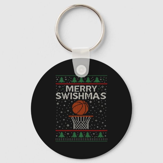 Merry Swishmas Ugly Christmas Sweater Basketball J Nyckelring (Framsida)