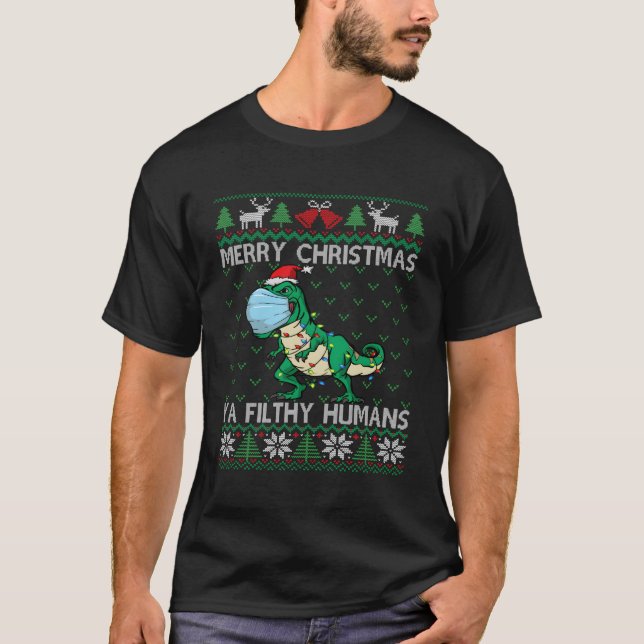 Merry T Rex Ansikte Mask Ugly Dinosaur till jul Shirt (Framsida)