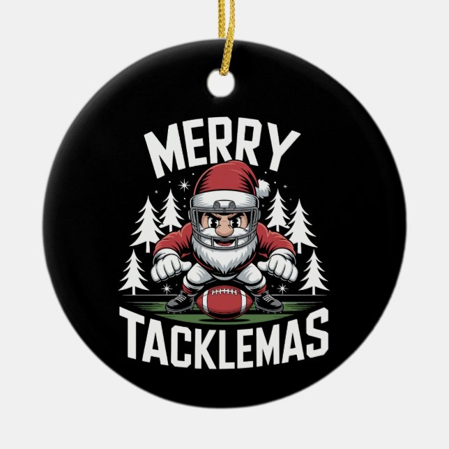 Merry Tacklemas Football Santa Julafton Julgransprydnad Keramik (Framsidan)