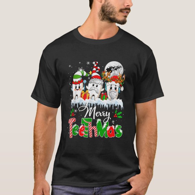 Merry Teethmas Julafton Three Santa Elf Reindeer T T Shirt (Framsida)