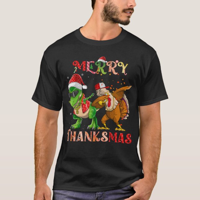 Merry Thanksmas Dinosaur Turkey Rapper Dabbing T Shirt (Framsida)