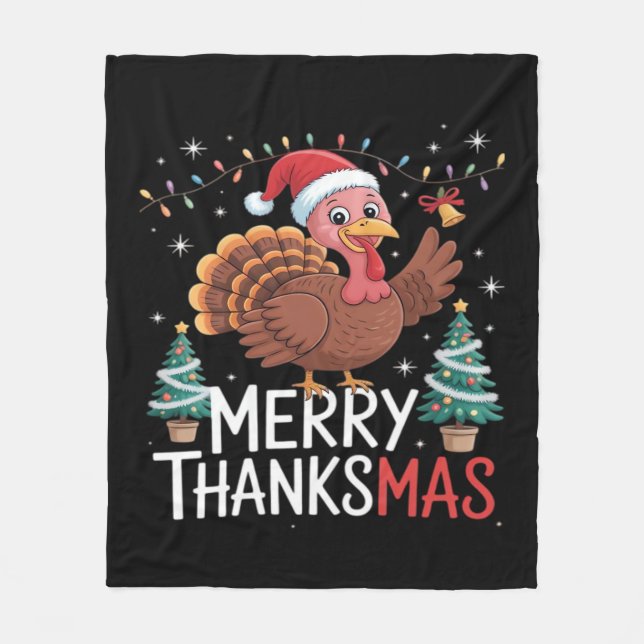 Merry Thanksmas Happy thanksgiving Santa Turkey Es Fleecefilt (Framsidan)