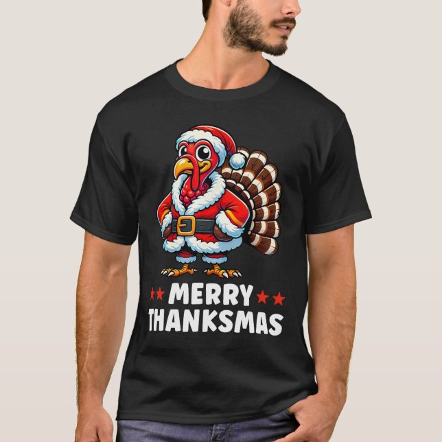 Merry Thanksmas Thanksgiving Turkey Julafton Funny T Shirt (Framsida)