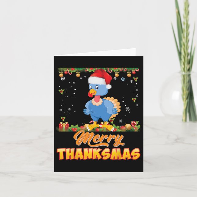 Merry Thanksmas Turkey Santa Elf Thanksgiving Chri Kort (Framsida)