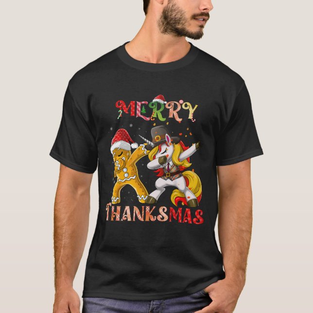 Merry Thanksmas Unicorn Biscuit Dabbing T Shirt (Framsida)