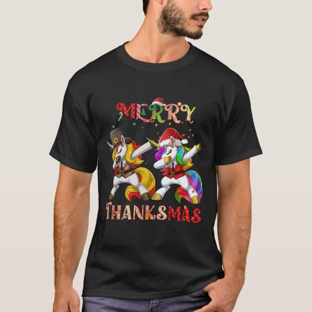 Merry Thanksmas Unicorn Dabbing T Shirt (Framsida)