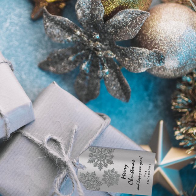 Merry to Helgdag Gift Gott nytt år Snö Silver Presentetikett (Merry To Holiday Gift Happy New Year Snow Silver Gift Tags)