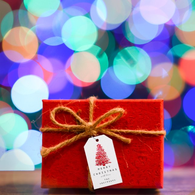 Merry to Helgdag Red Black White Presentetikett (Merry To Holiday Christmas Tree Red Black White Gift Tags )