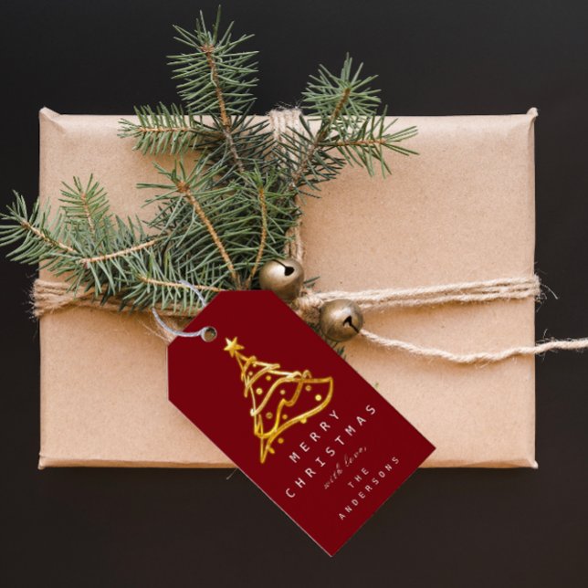 Merry to Namn Helgdag Burgundy Guld Presentetikett (Merry To Name Holiday Christmas Tree Burgundy Gold Gift Tags)